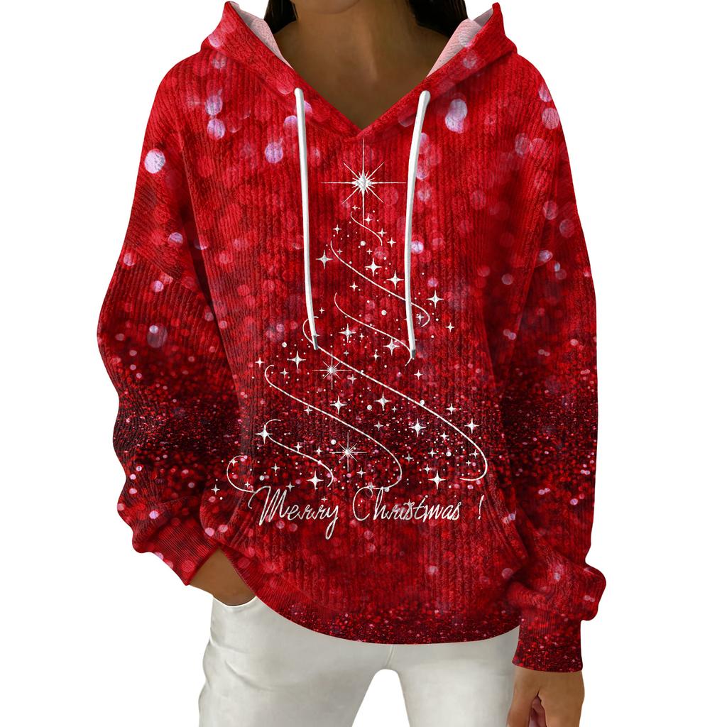 Women's Fashion Casual Christmas Print Pullover Long-Sleeve Hooded Sweatshirt