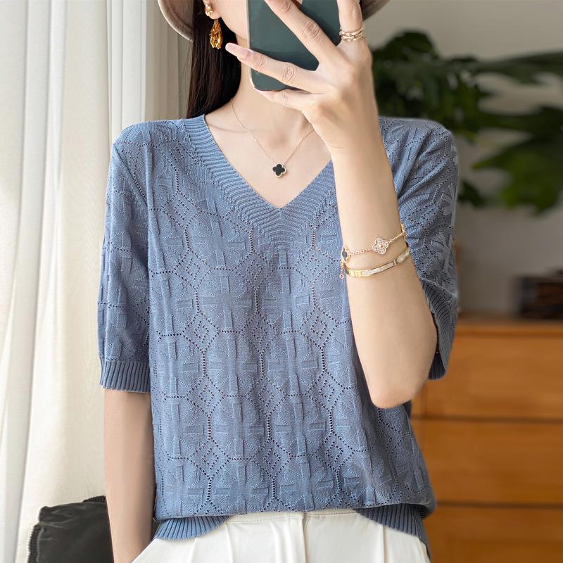 Women Knit T-shirt Summer Knitted Shirt Short Sleeve Tees V-neck Pullover Knit Tops Female