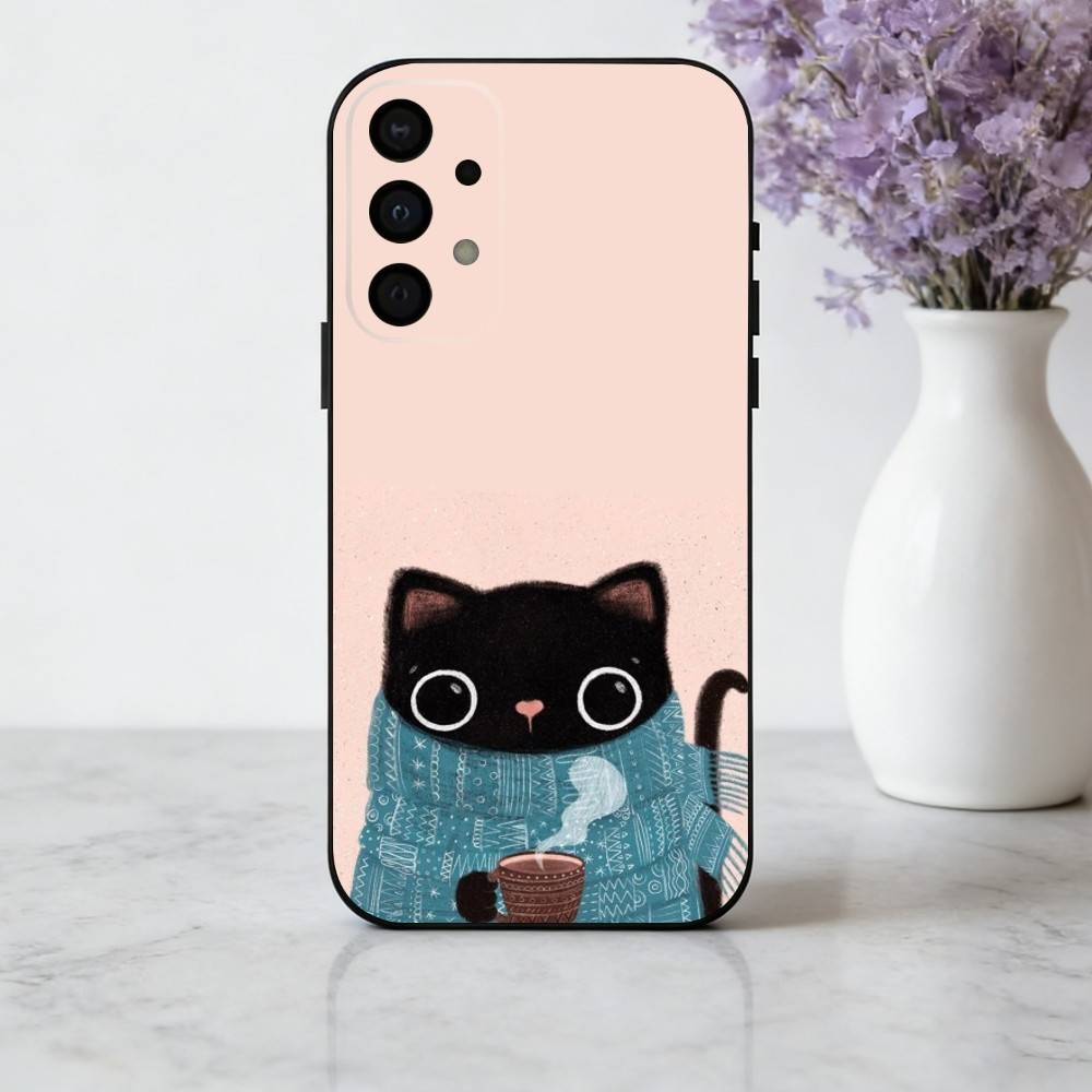 S-Striped C-Coffee Cat phone Case For Samsung Galaxy A73,A72,A71,A70,A53,A52,A51,Others Soft Black Shell