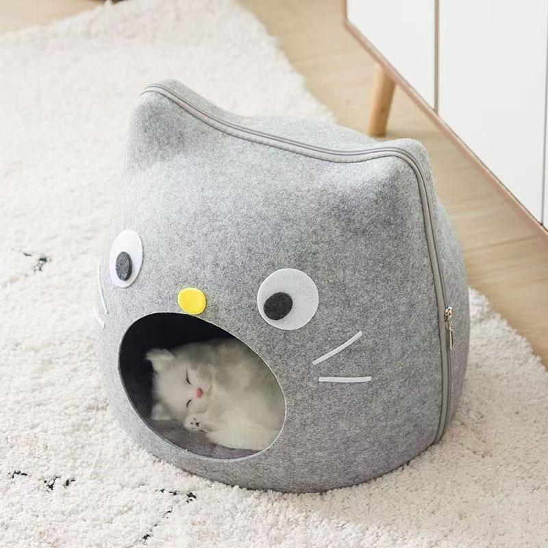Cute Felt Cat Shape Bed Cats Semi Enclosed House for Cats Cartoon Sturdy and Non Collapsing Puppy Kitten Bed Pet Supplies Gifts