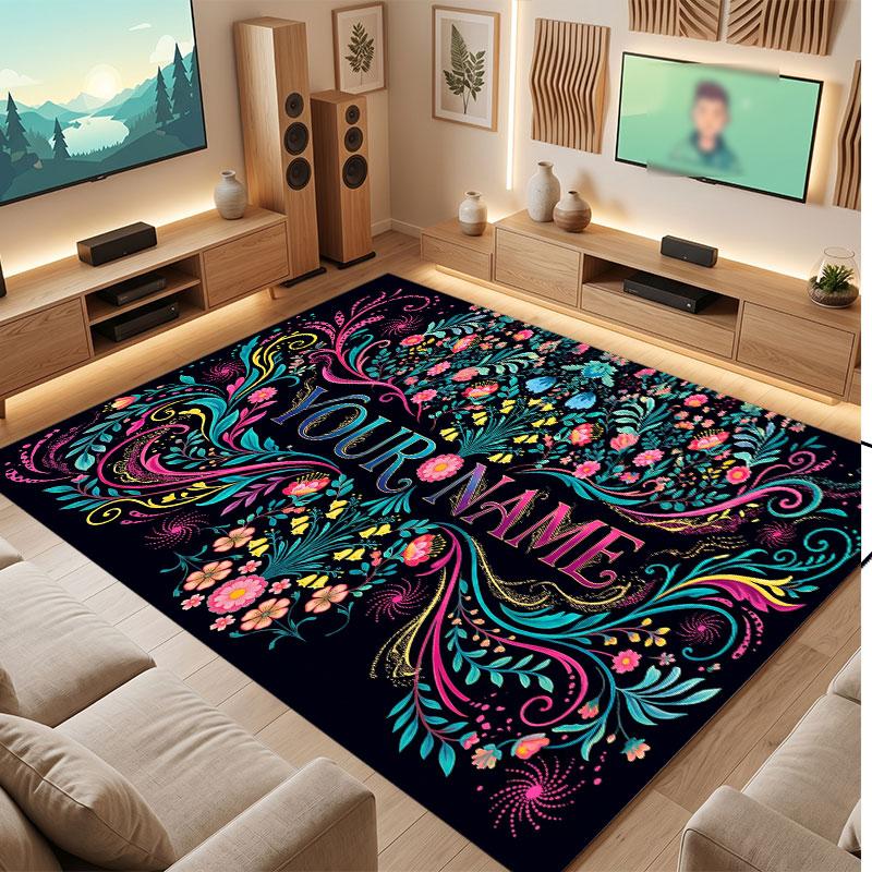 Alfombra de Piso de Terciopelo de Cristal con Tema de Jardín Floral Alfombra Cálida con Texto de Nombre Personalizado Decoración del Hogar