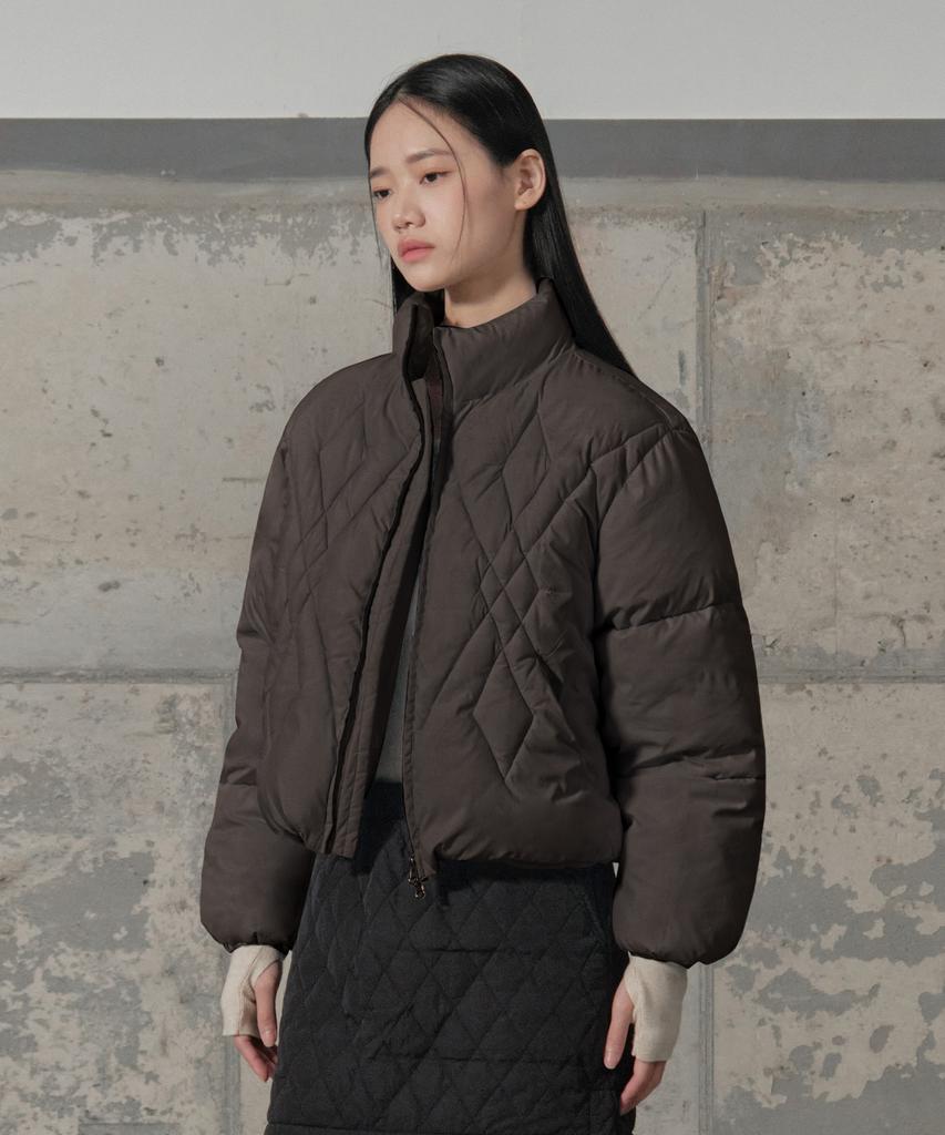 SECONDMONO W. Argyle Check Quilted Crop Padded Jumper [Brown]_Sewjp001Brown