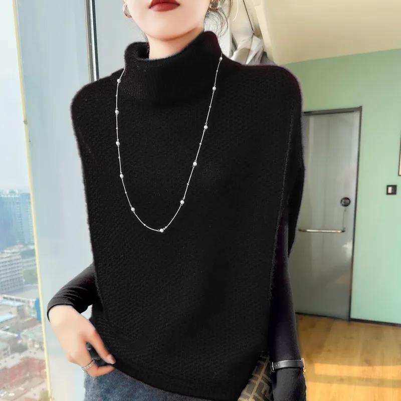 Women's Autumn and Winter Solid Color Short Knit Bat Sleeve Top High Neck Commuter Sweater