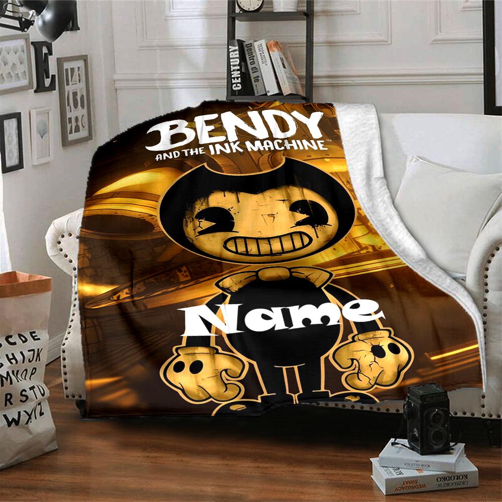 Custom Name Bendy and the Ink Machine Theme Printed Blanket - Perfect for Couch, Bed, Travel & Outdoor Use | Machine Washable, Cozy & Durable.