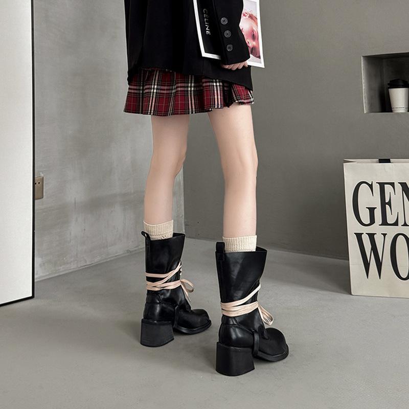 Vintage Spice Girls Short Boots Pile Boots Women's Thick Heel Skinny Fashion High Heel Boots Spring Summer Bundle Strap Martin Boots