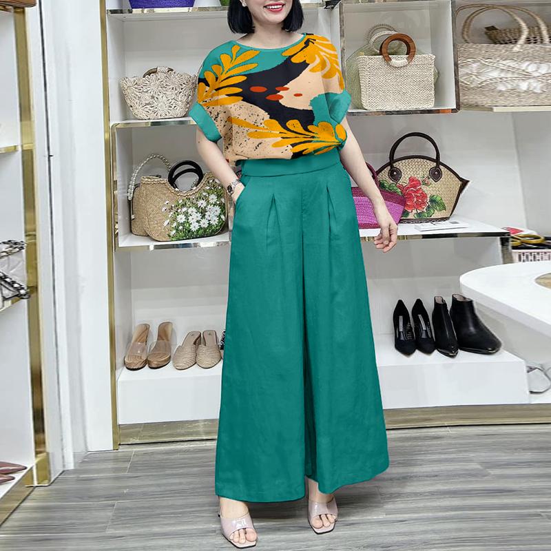 ZANZEA Women Short Sleeve Print Blouse and Wide Leg Pants Summer Two Piece Suit Sets
