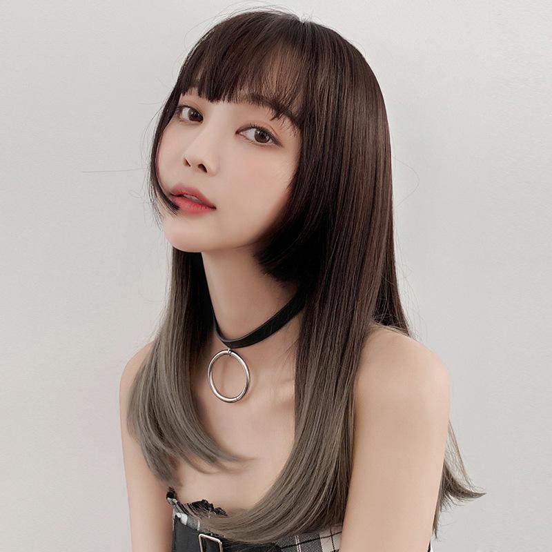 Syntetiska långa raka svarta bruna blonda peruker med hel lugg Värmebeständigt hår peruker för svarta kvinnor