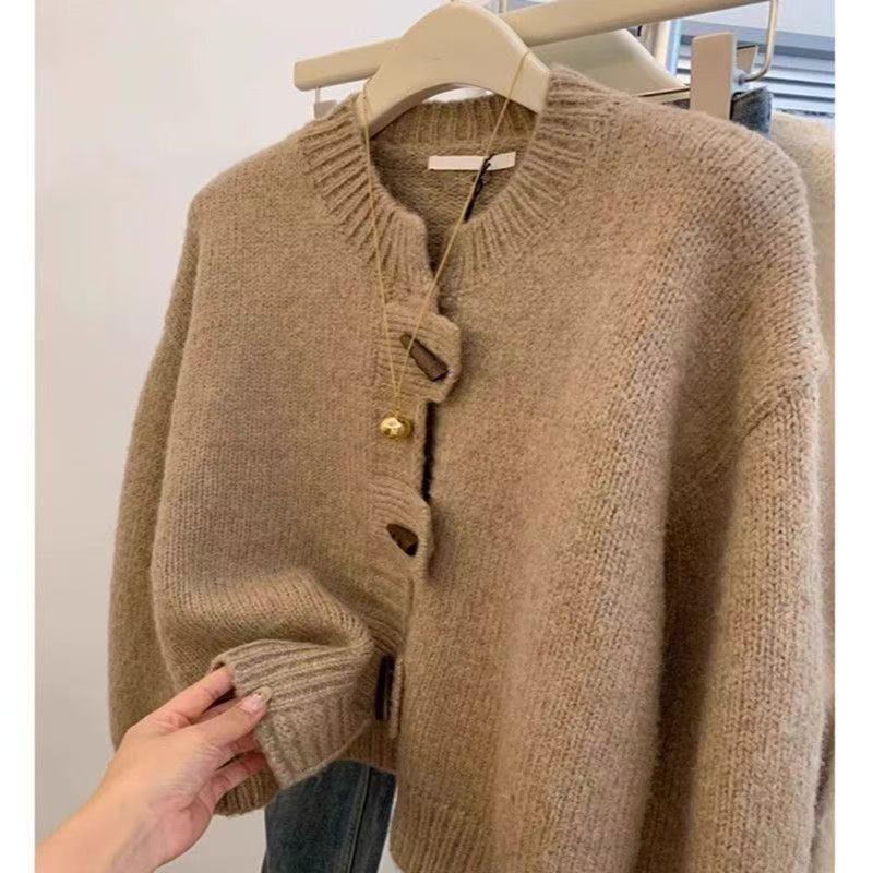 

Ретро ленивая куртка осень и зима нишевый рог уникальный вязаный кардиган нежный универсальный свитер L/110-125 верблюд