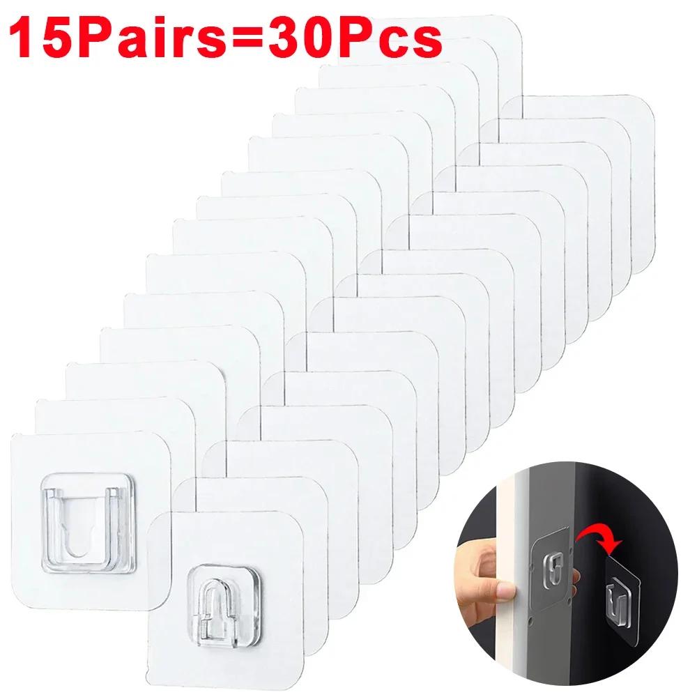 30/2 Stück Doppelseitige Klebehaken Transparent Aufbewahrungshaken für Badezimmer Küche Büro Stecker Steckdose Saugnapf Wandhalter