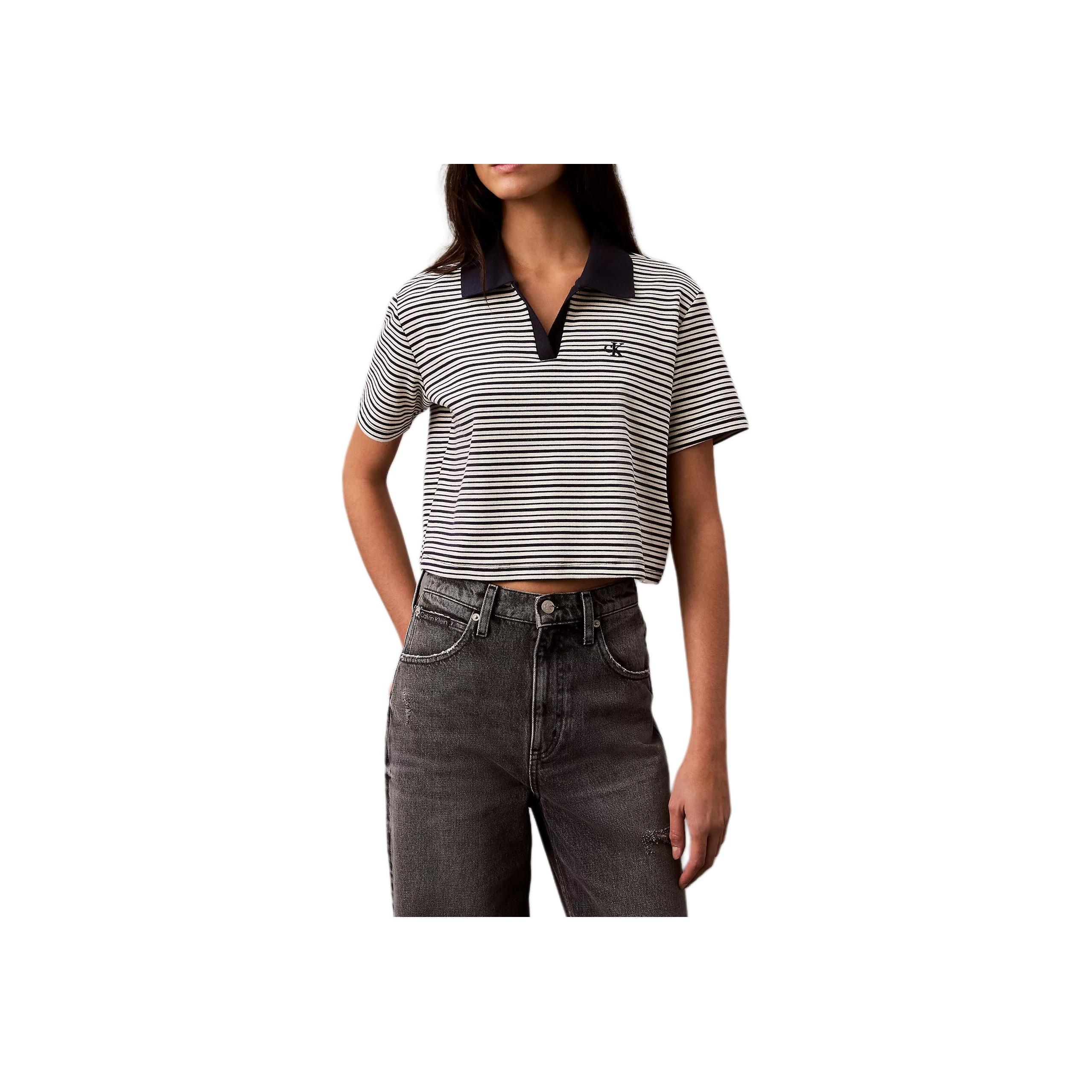 Calvin Klein Soft Breathable Comfortable Short Sleeve Polo Shirt Women tops Blue Striped 47AB206-410 M