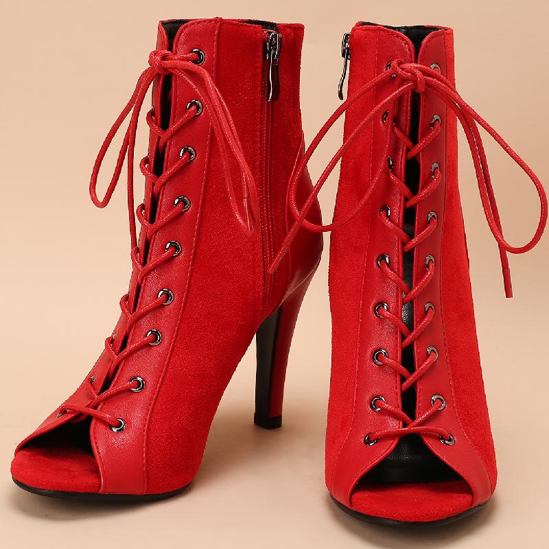 Mode Peeptoe Sommer Frühling Stiefeletten für Damen Sexy Absätze Jazz Tanzschuhe Damen Schnürschuhe Schwarz Rot Leopard Partyschuh Weiblich