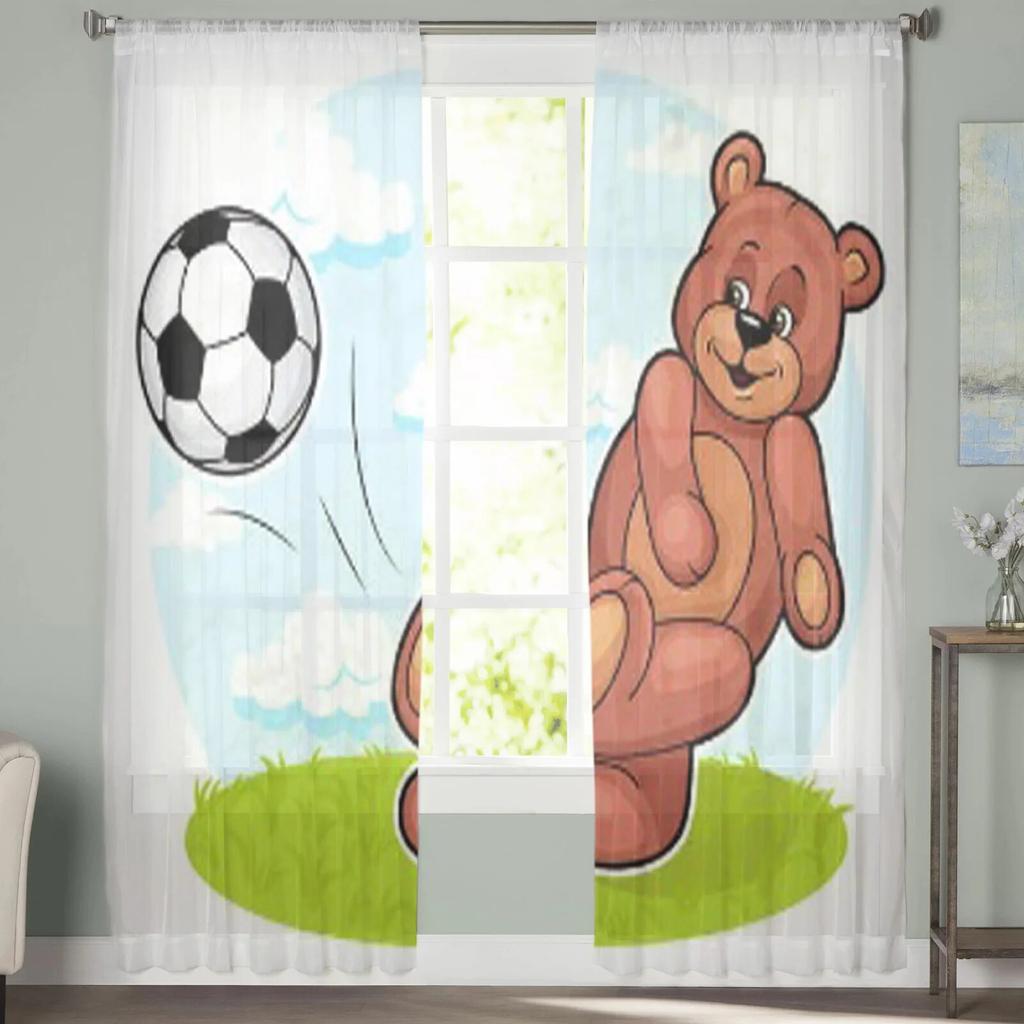 Niedlicher Cartoon-Bär und Fußball, transparente Vorhänge für Schlafzimmer, Wohnzimmer, Tüll-Vorhänge für Küche, Fenster, Voile-Vorhänge