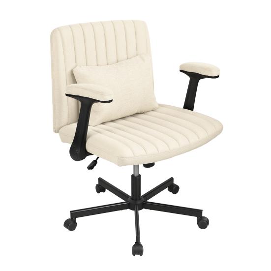 Cross-Legged Office Chair with Wheels & Adjustable Flip-up Arm, Desk Chair with Backrest, Thick Cushion, Wide Seat, Computer Chair for Home, Office,