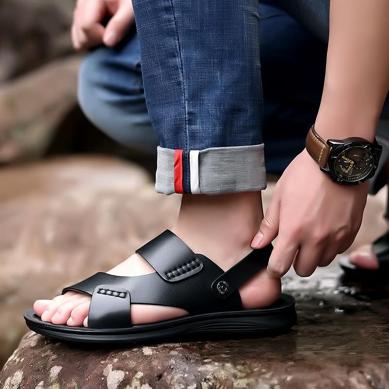 Men Brown Flats Slippers Summer Outdoor Wide Head Hiking Sandals Retro Black Leather Open Toe Beach Shoes Plus Size