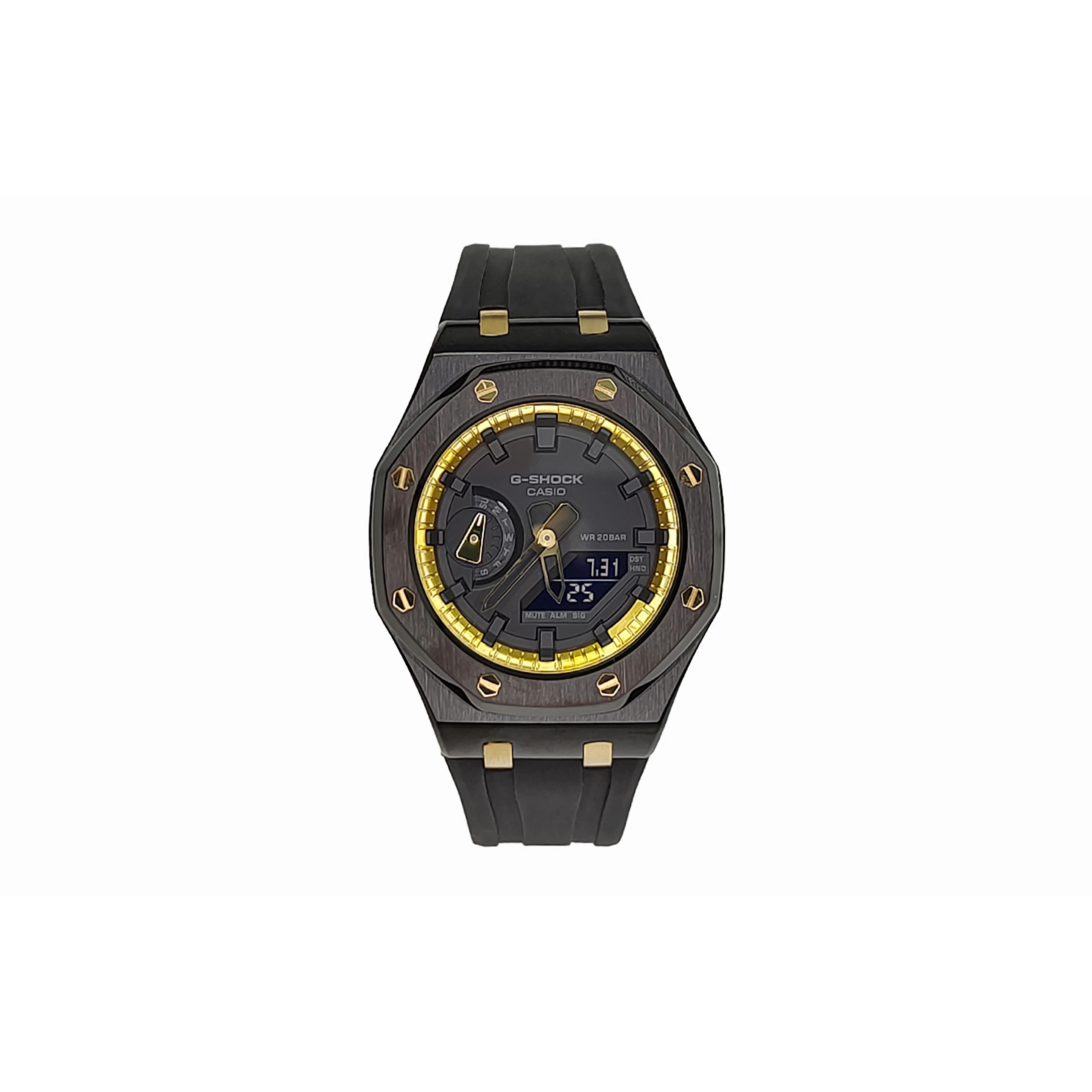 CASIO Men Liquid Crystal/Analog Dual Display Series 44mm Black Watch GA-2100-1A1- Offshore Black Gold