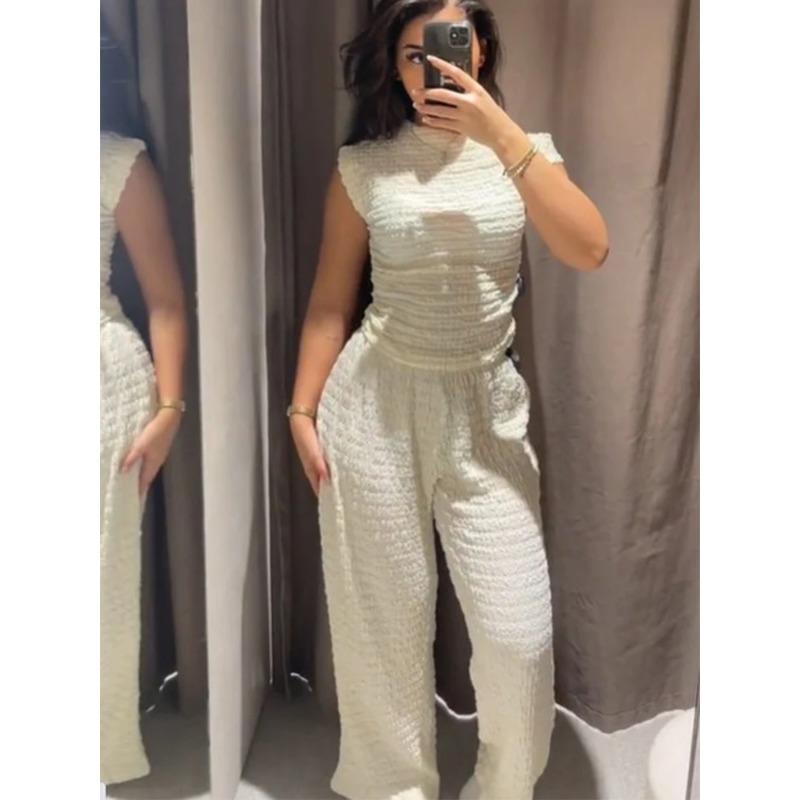 Casual Long Pants Suit Women Loose Solid Elastic Sleeveless Irregular Sets Female Fashion High Waist Puffy Set 2 Pieces Lady