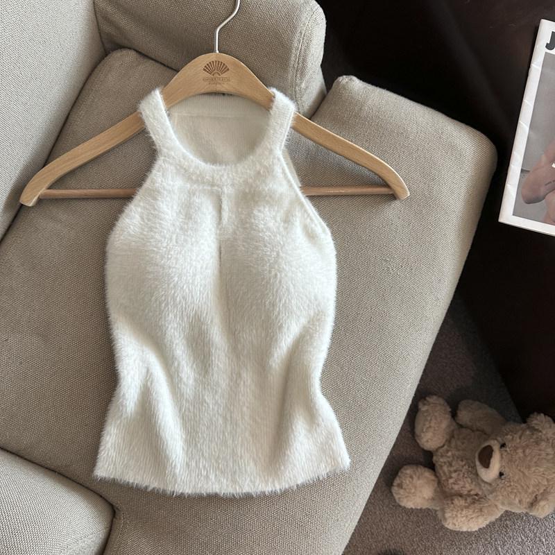 

Women s Mink Fur Camisole with Built-in Bra - Early Spring 2026 Sexy Sleeveless Halter Base Layer. One Size белый
