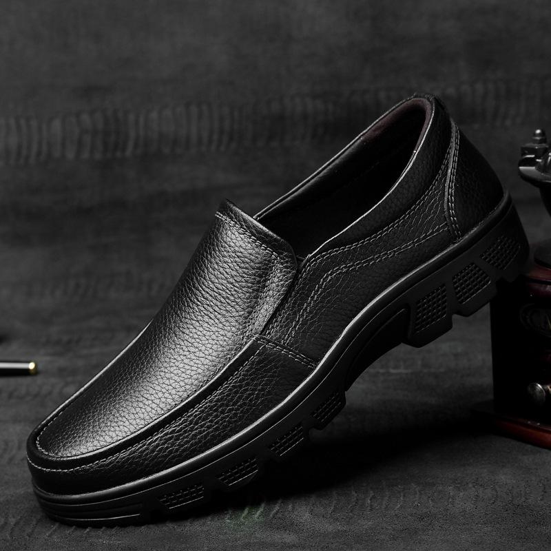Men's Round Toe Cowhide Loafers - Slip-On, Thick Sole, Breathable, Low Heel Casual Shoes