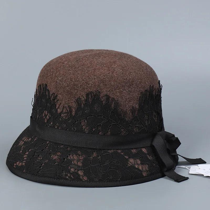 Französische Mode-Socialite Spitze Wolle Zylinder Hut Dame Herbst Winter elegant retro milchweiß Dame warm Fischerhut