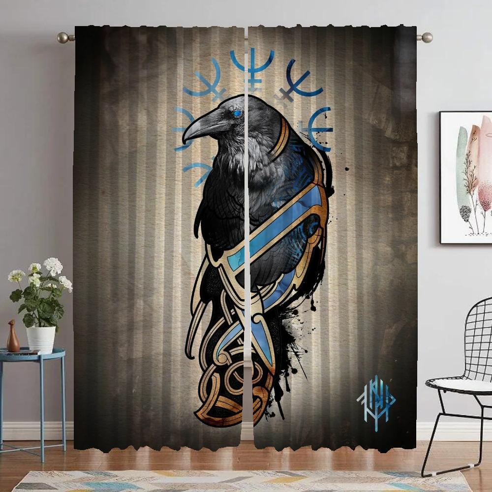 

Kitchen Curtains for Living Room Curtain Vikings Odins Ravens Muninn Partition Halloween Decoration Shades Tulle for Bedroom W50xH70cmx2pcs-CL