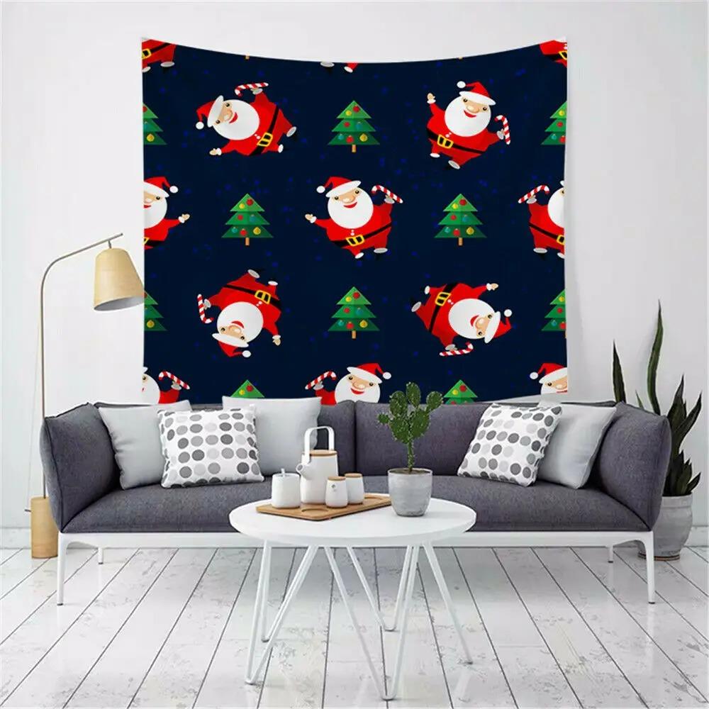 Cartoon Santa Claus Pattern Tapestry Home Bedroom Living Room Wall Decoration Christmas Theme Tapestry