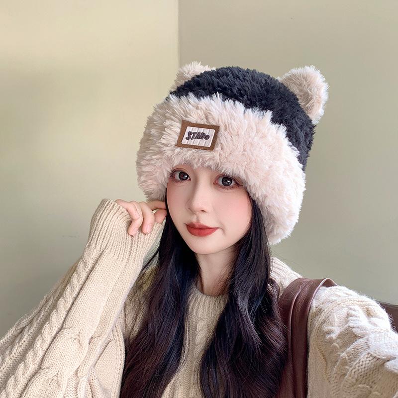 Cute Cat Ear Plush Hat for Women New Winter Warm Big Head Circumference Knitted Hat Versatile Ear Protection Wool Hat