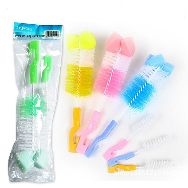 Large & Small Sponge Baby Bottle Brush Set with Nipple and Nylon Cleaning Brushes