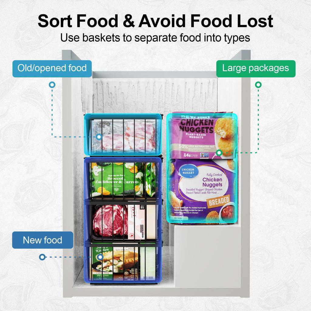 4 Pack Freezer Organizer Bins Stackable Deep Freezer Bins for 5 Cu Ft Chest Freezer Easy Access Food Space Saving Black Durable