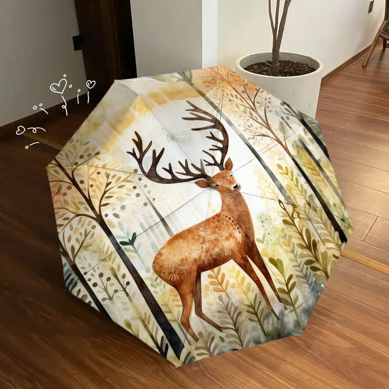 1pc Deer Forest Automatic Folding Umbrella, Heavy Duty 8 Rib Iron Frame,  Suitable for Travel, Daily Use, Birthday, Decor Gift  15