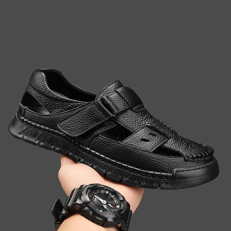 Men's shoes 2025 summer new men's hollow breathable deodorant feet leather Velcro outdoor casual bag head sandals