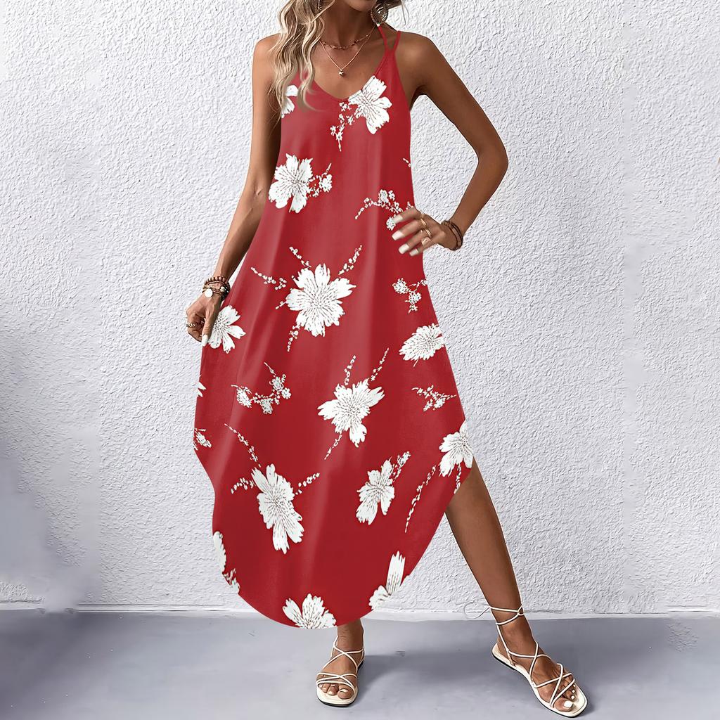 Women V Neck Floral Print Sleeveless Maxi Dress with Pockets Loose Fit Summer Beach Long Dress for Casual Wear