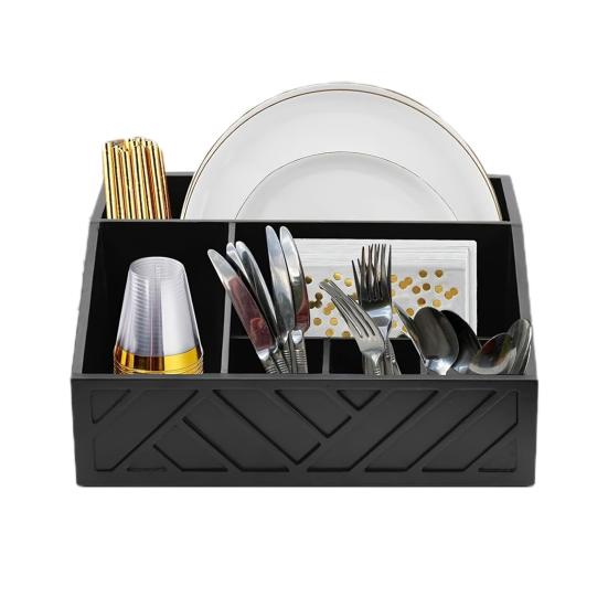 Rustic Wood Paper Plate Dispenser Caddy Organizer Countertop Utensil Holder