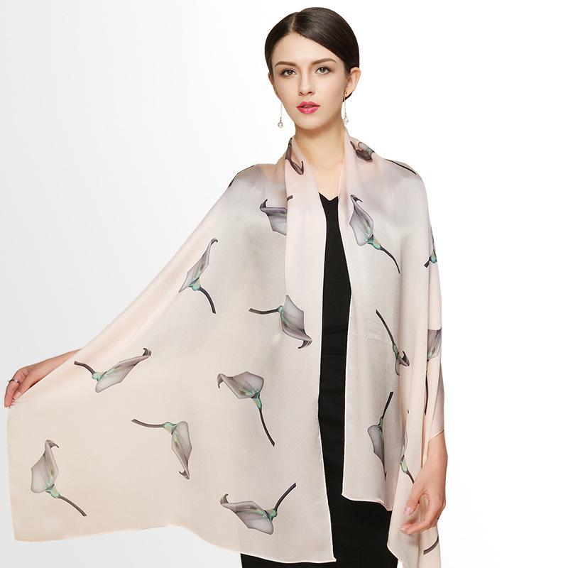 Silk Scarf Streamer Calla Lily Print Women'S Mulberry Silk Silk Scarf Georgette Satin Shawl Elegant Silk