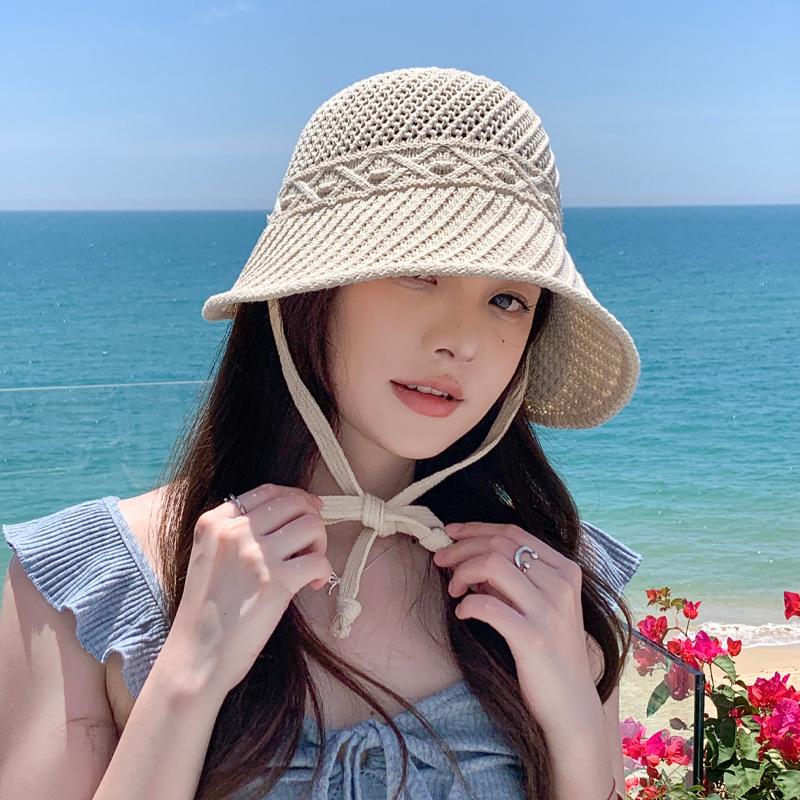 Versatile Tether Straw Hat Summer Sun Protection Hat Women's Outdoor Seaside Vacation Beach Hat Knitted Hollow Sun Hat Tide