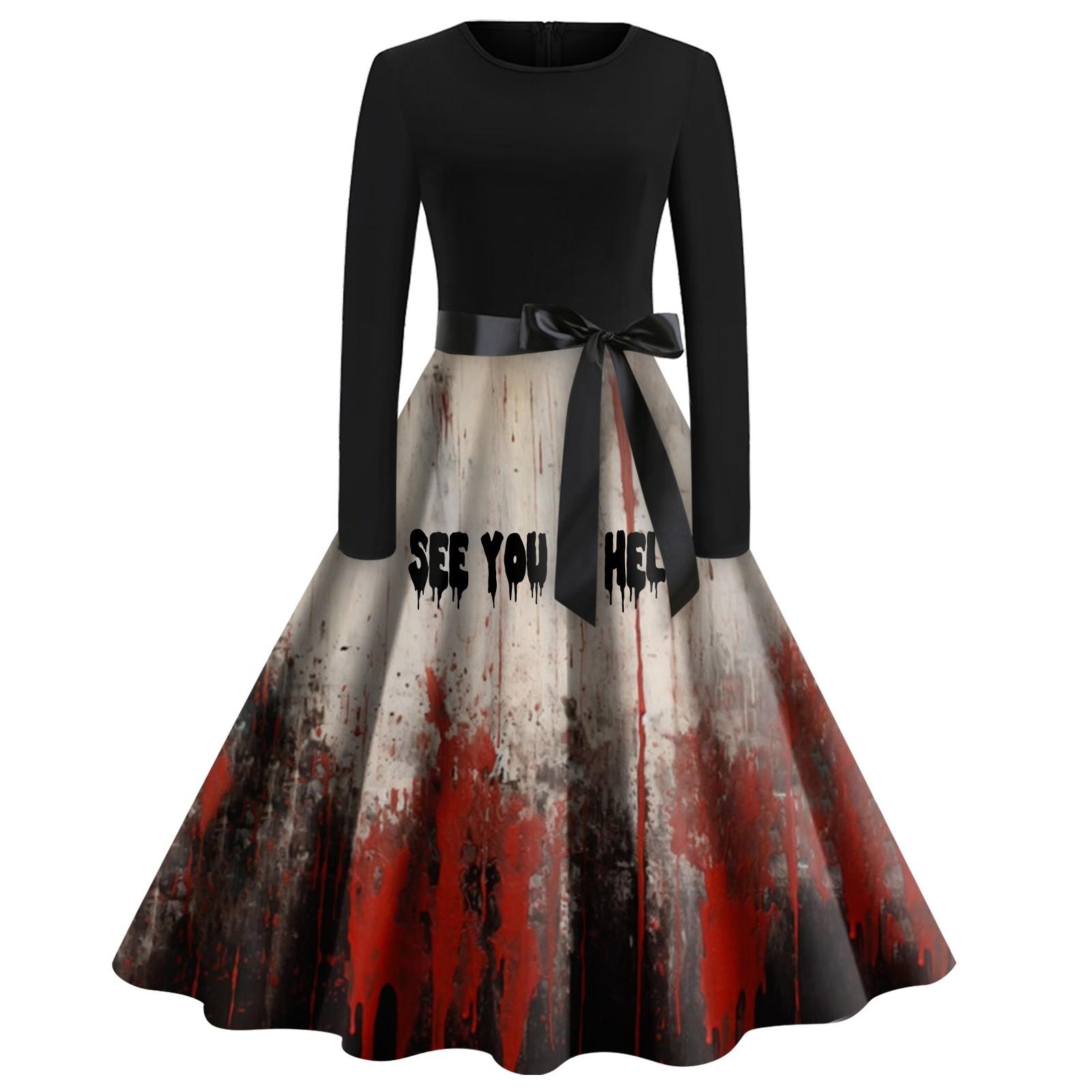 

Женское платье с расклешенным принтом на Хэллоуин с длинным рукавом и круглым вырезом, вечерние повседневные платья M