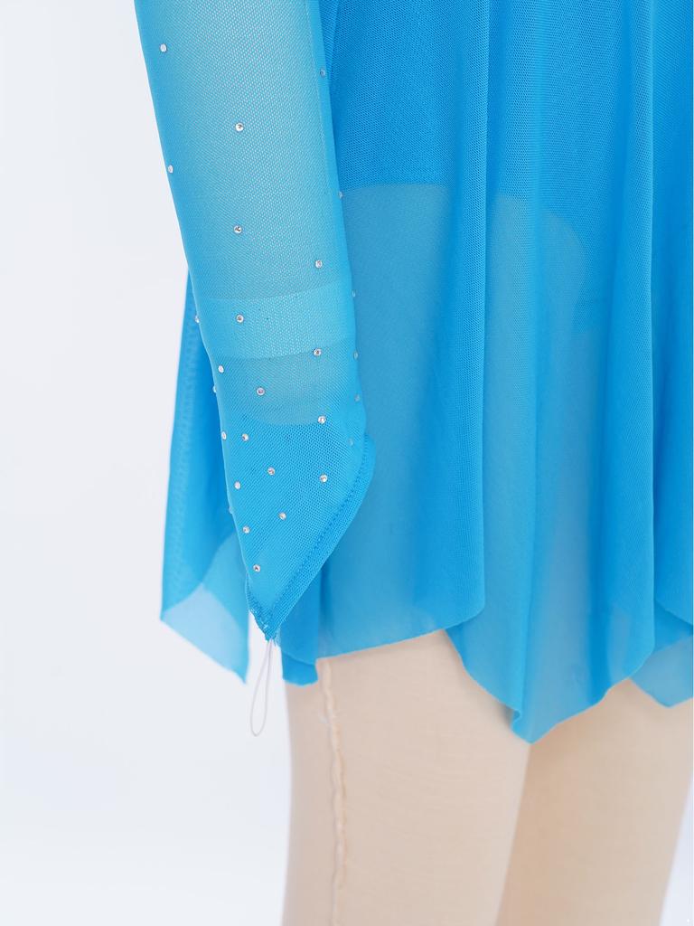 Kinder Mädchen Lyrisches Tanz Eiskunstlauf Kostüm Rollkragen Langarm Glitzernde Strasssteine Unregelmäßiger Saum Raffung Netz Kleid Tanzkleidung