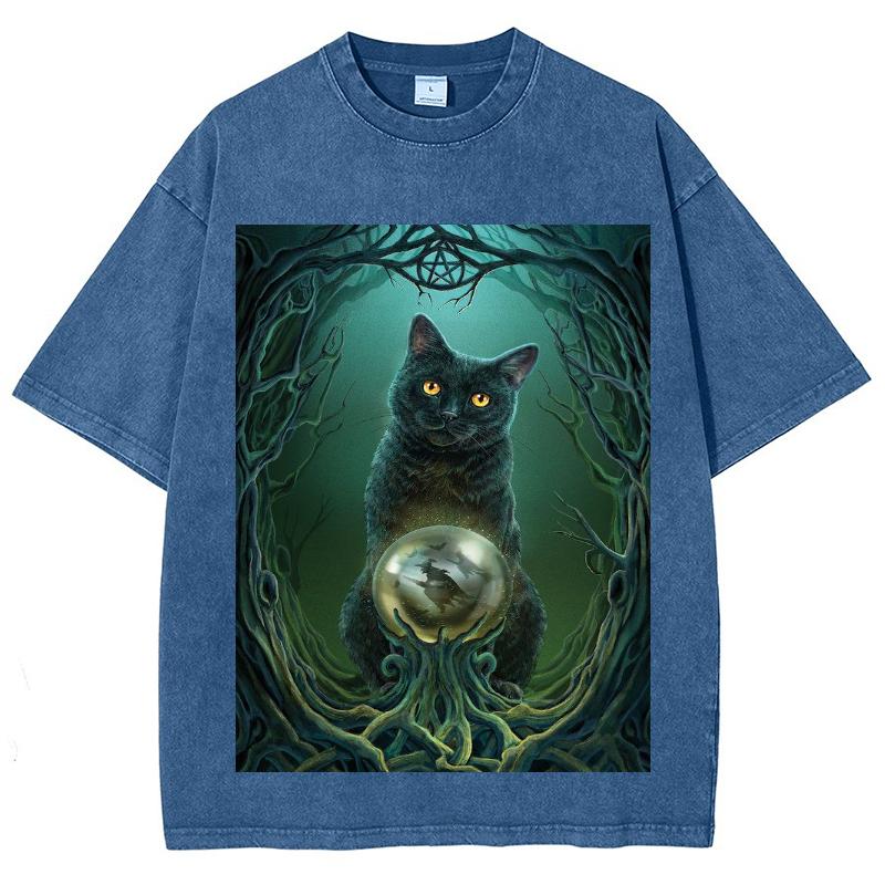 Cartoon Blaue Katze Magisches Thema Print Damen T-Shirt Unisex Übergroß Locker Retro Harajuku Stil Kurzarm Oberteil Basic T-Shirt