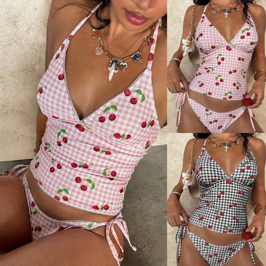 Damski dwuczęściowy strój kąpielowy bikini z osobnym nadrukiem, Dwuczęściowy strój kąpielowy na ramiączkach typu trapez, Letni strój na basen i plażę