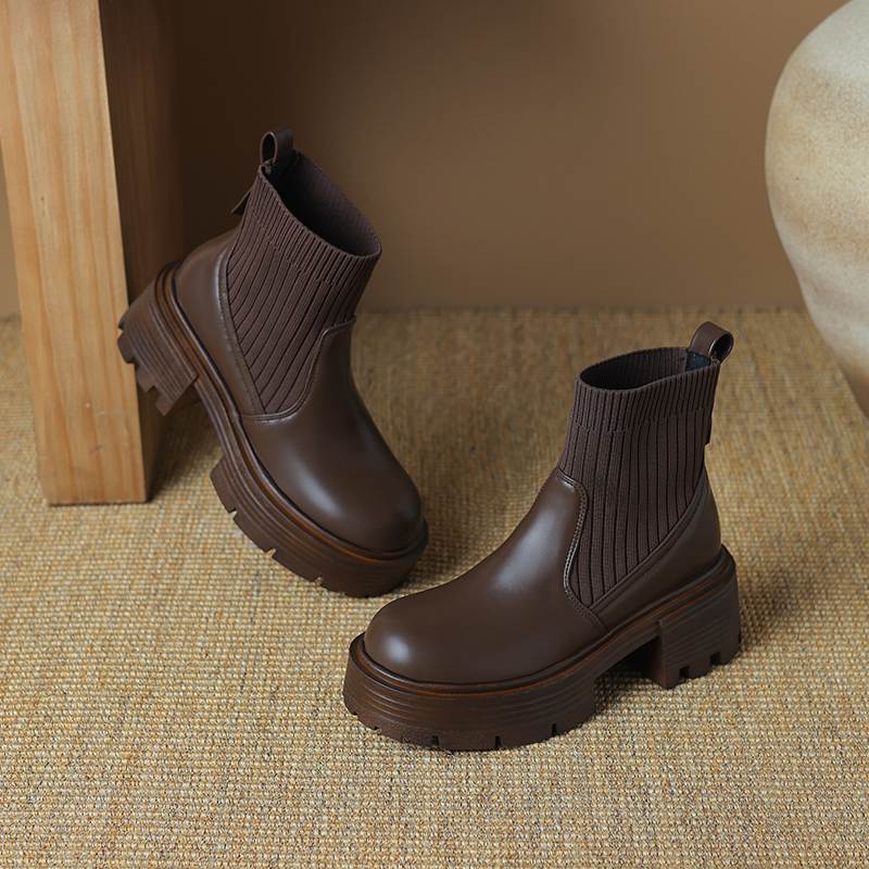 Krazing Pot Microfiber Autumn Winter Shoes Thick High Heels Thick Bottom Size 43 Motorcycle Boots Stretch Knitwear Ankle Boots