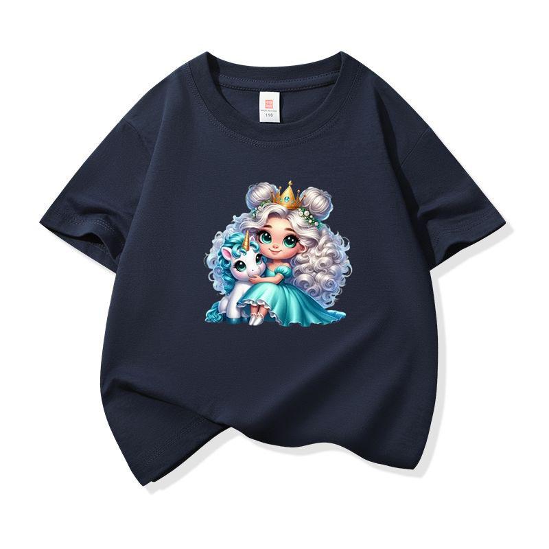 Kids Cotton T Shirt Princess Girl With Blue Unicorn Print Crew Neck Short Sleeve Tee Casual Boys Girls Summer Tops