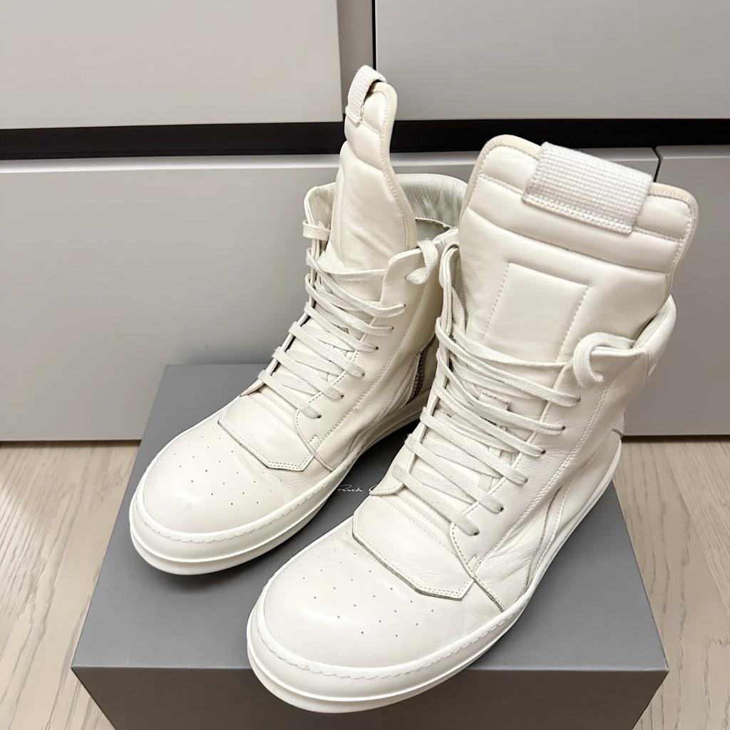 High Top White Ankle Boot Geobasket Leather Casual Sneaker for Men and Women Zipper Lace-Up Flat Thick-Sole Shoe
