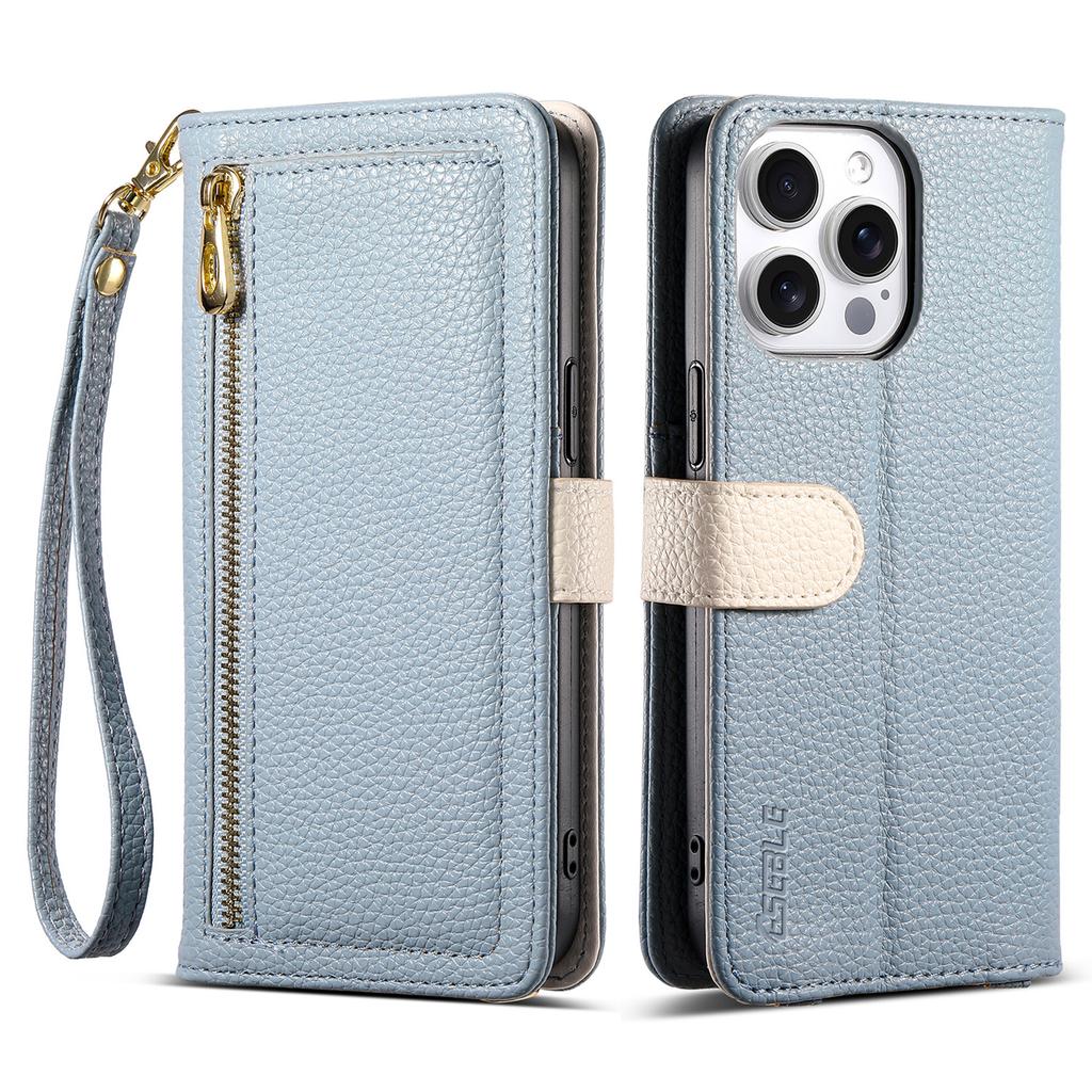 ESEBLE E11 For iPhone 16 Pro Max Case Zipper Pocket Litchi Texture Leather Phone Cover with Mirror and Wrist Strap