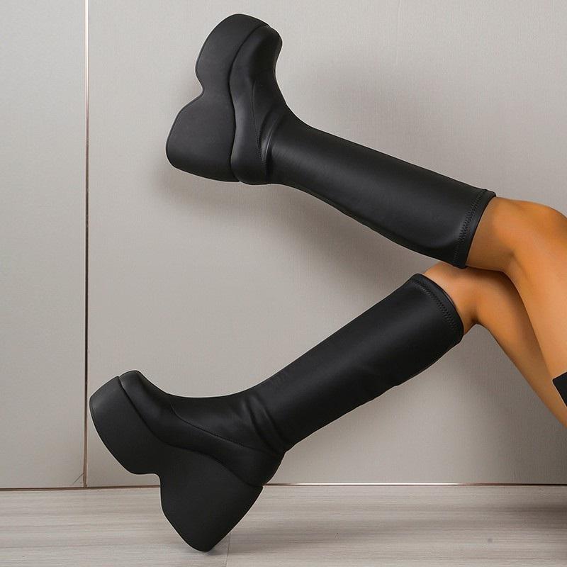 Stiefel Damenschuhe auf Plateau Kniehoch Lang Frau Keilabsätze Gothic Stripper Klobige Absätze Sexy Strumpfhose Winter Reißverschluss