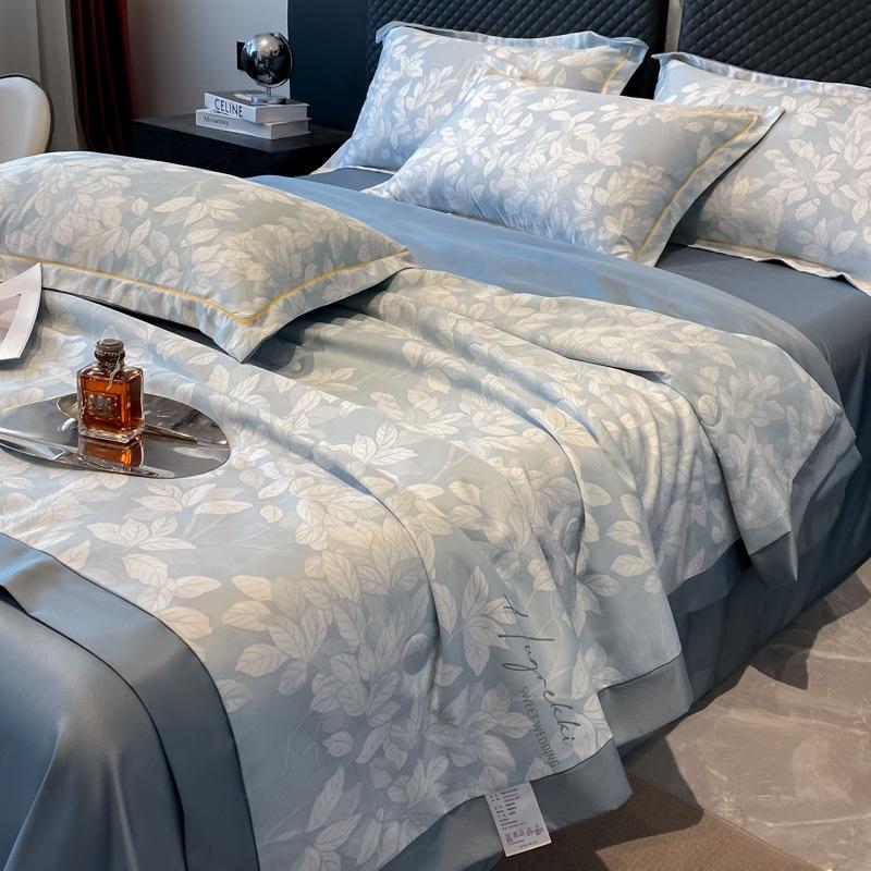 Summer Cool Tencel Quilt Set 4 Piece Includes Summer Blanket Bed Sheet Two Pillowcases Silk Lightweight Quilt For Double Twin Size