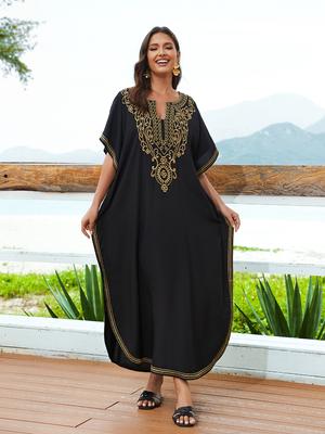 Plus Size Schwarz besticktes Kaftan Sommer Langes Strandkleid Damen Homewear Outfit Badeanzug Cover Up Loose Caftan