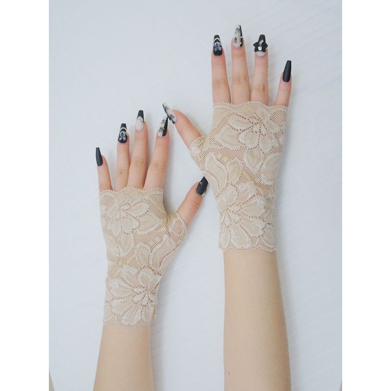 

Summer New Arrival Women s Lace Short Half Finger Scar Covering Tattoo Tiger Mouth Gloves Ultra-Thin Half Finger Exposed Fingerless Princess Style Skin color All yards