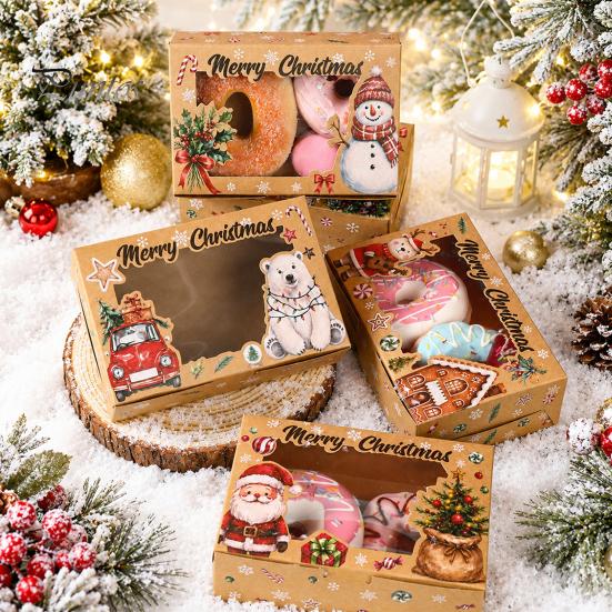 Decorative Bakery Boxes 6Pcs Christmas Paper Gift Boxes, Xmas Color Printed Foldable Cookie Treat Festive Party Favor Holiday Packaging for Desserts,