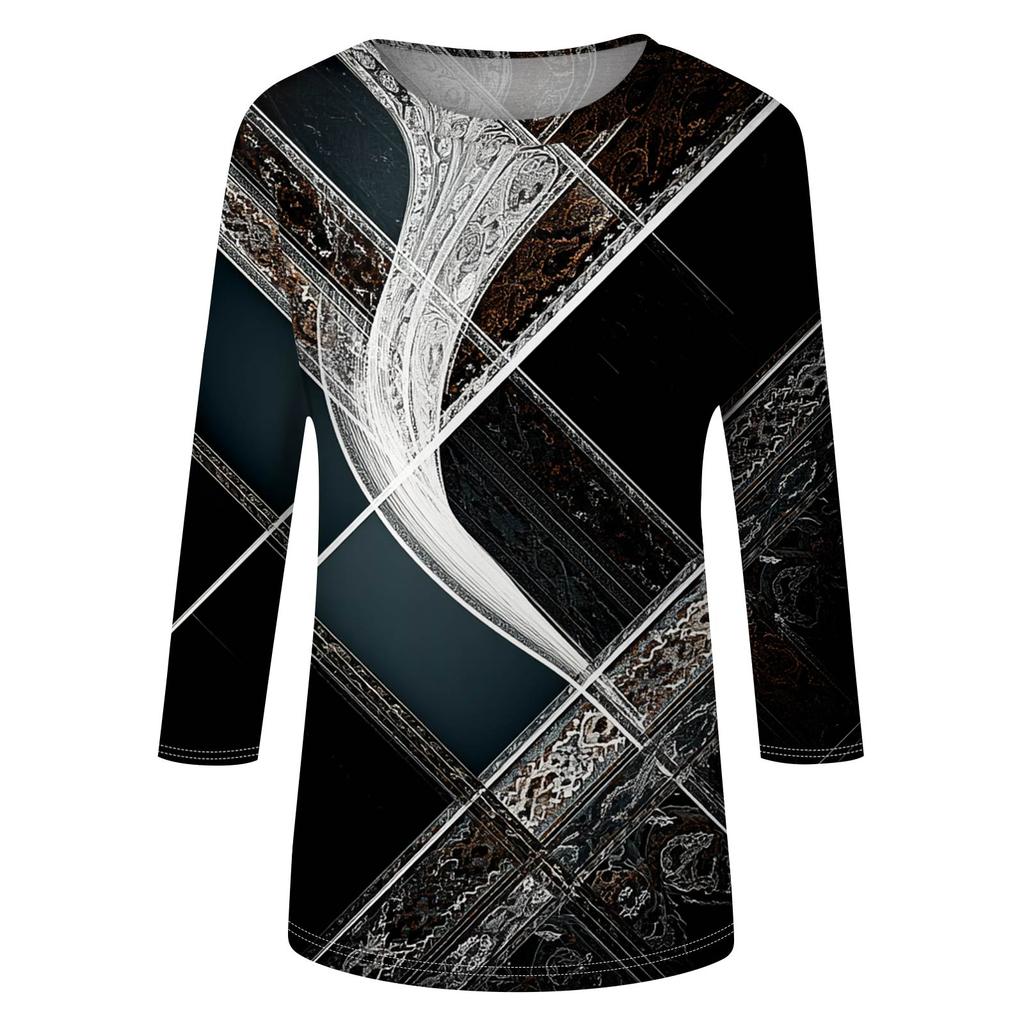 Trendy Vintage 3/4 Sleeve Top For Women,Ladies Casual Three Quarter Sleeve Round Collar Printed T-Shirt Blouse