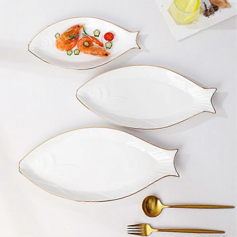 Fish Serving Plate Ceramic Fish Serving Dish for Food Storage White
