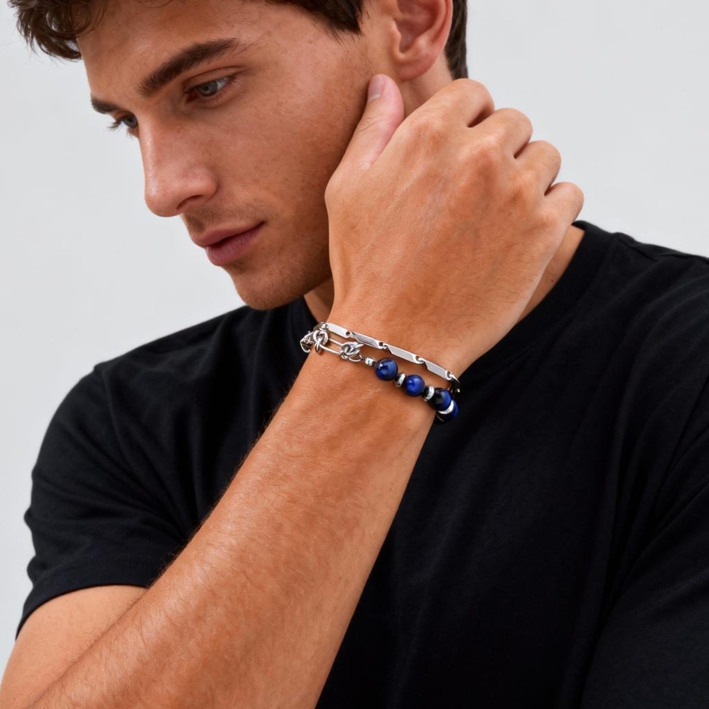 Trendy Hip Hop Double-layer Link Blue Tiger Eye Bracelet for Men, Stainless Steel Splicing Chain Natural Stone Bracelets Jewelry